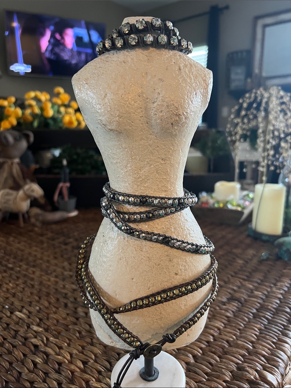 Beaded Wrap Bracelet set of 3 Black and Gold Crystal Accents